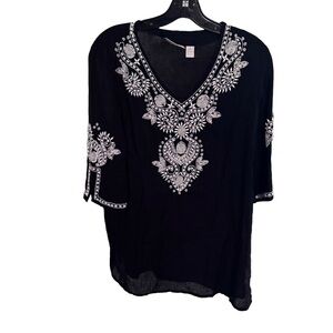 Chico's Sz 1 Women's Black Beaded Linen Blend Pullover Blouse Top Sz 8